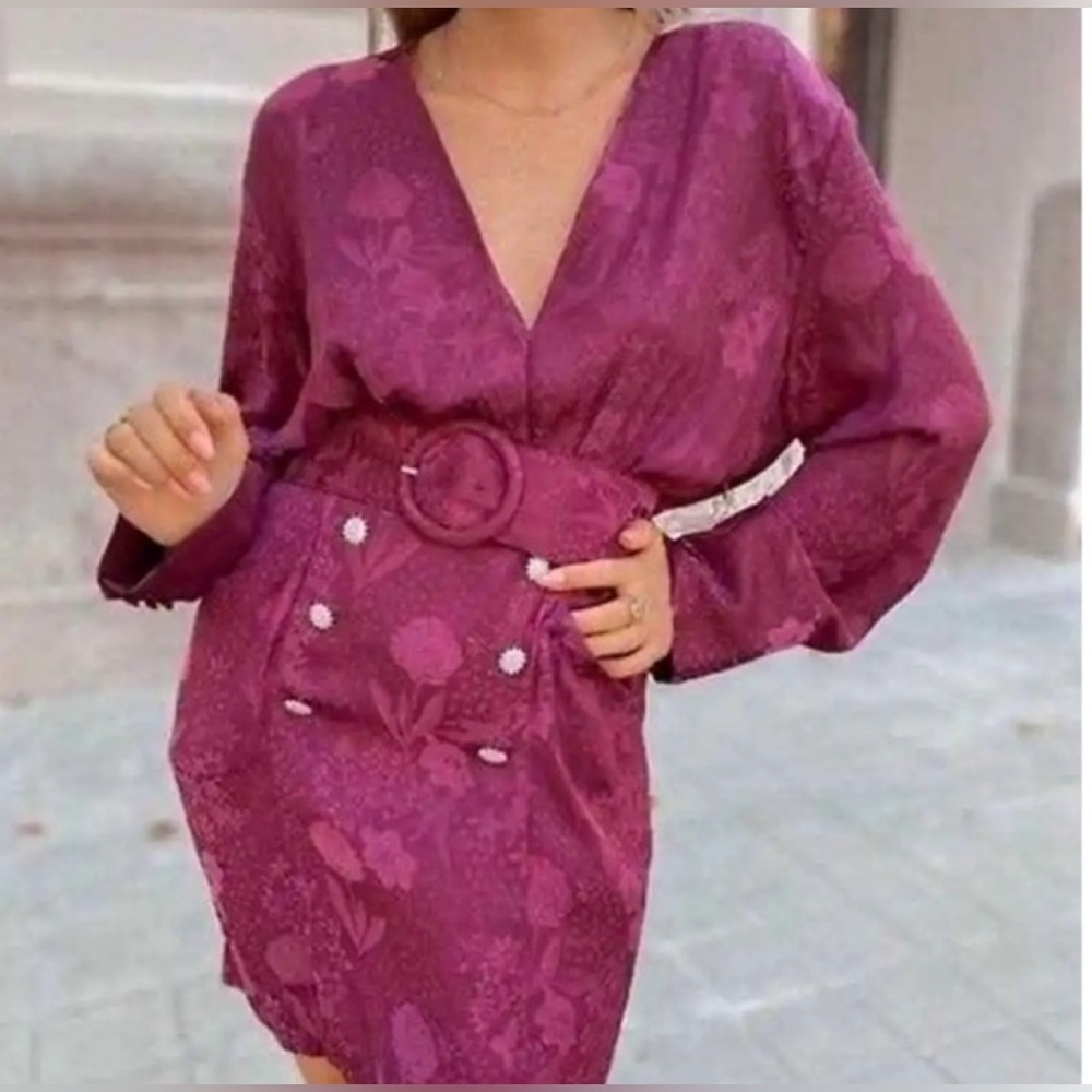 Zara maroon jacquard print deep v-neckline mini dress size Small